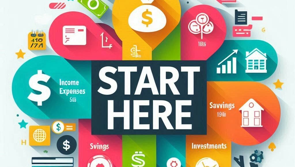 graphic with words start here in the center surrounded by financial symbols