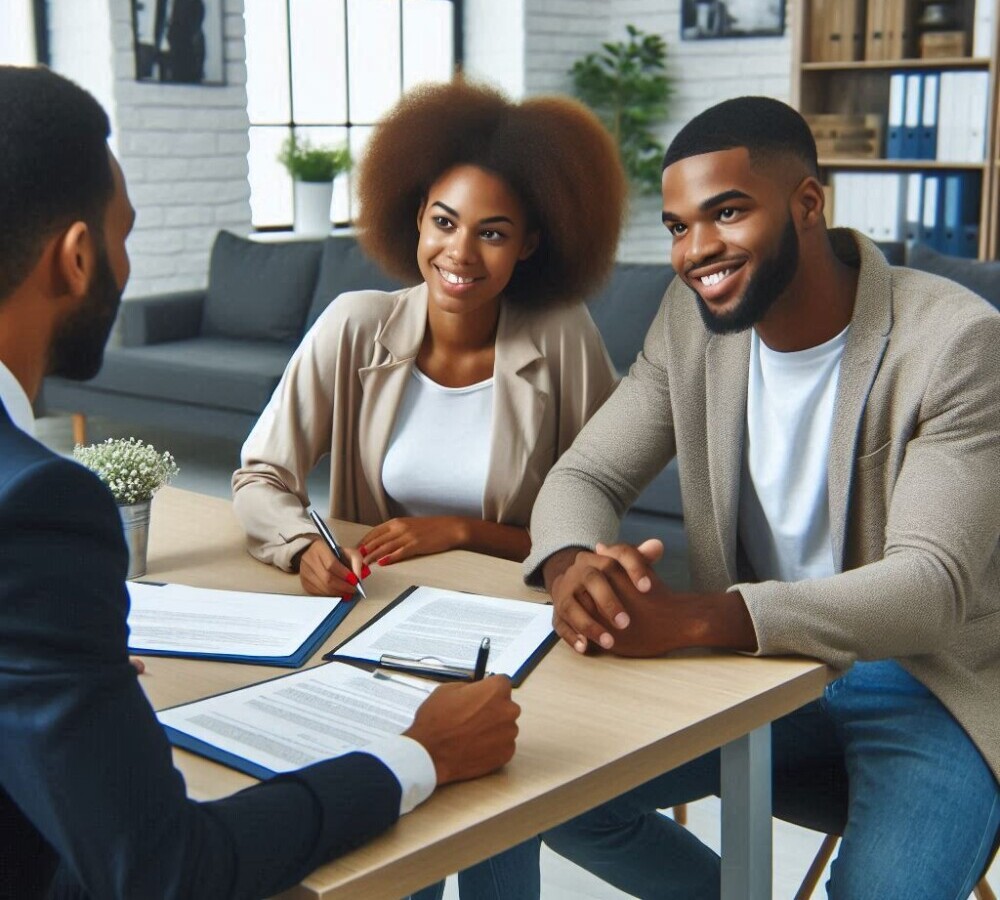 couple sitting across from a loan officer being approved for a loan