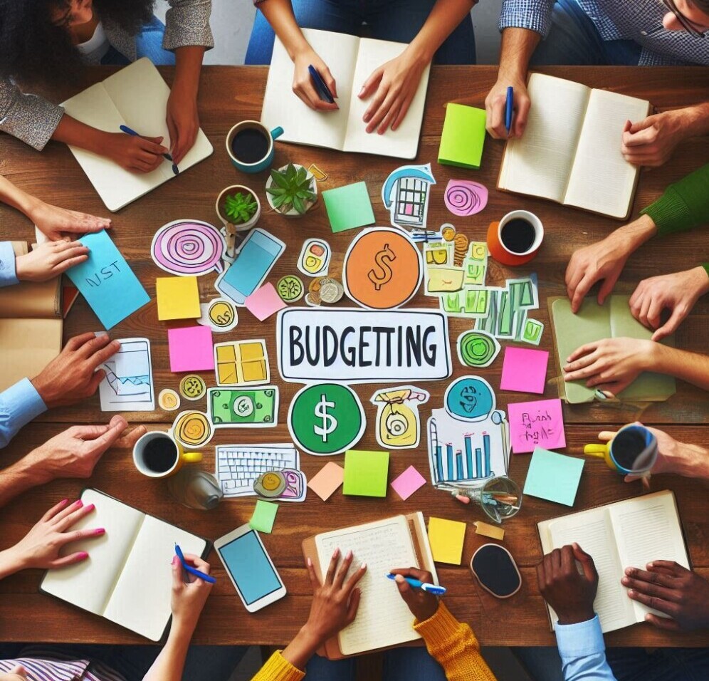 group working on a vision board with the word budgeting in the center