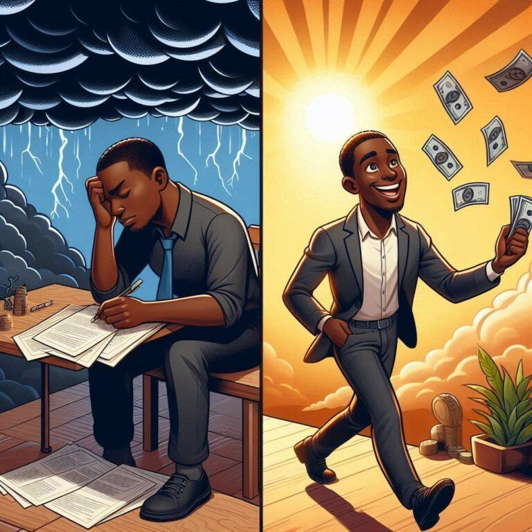 split image of man dealing with debt on a good day and on a bad day