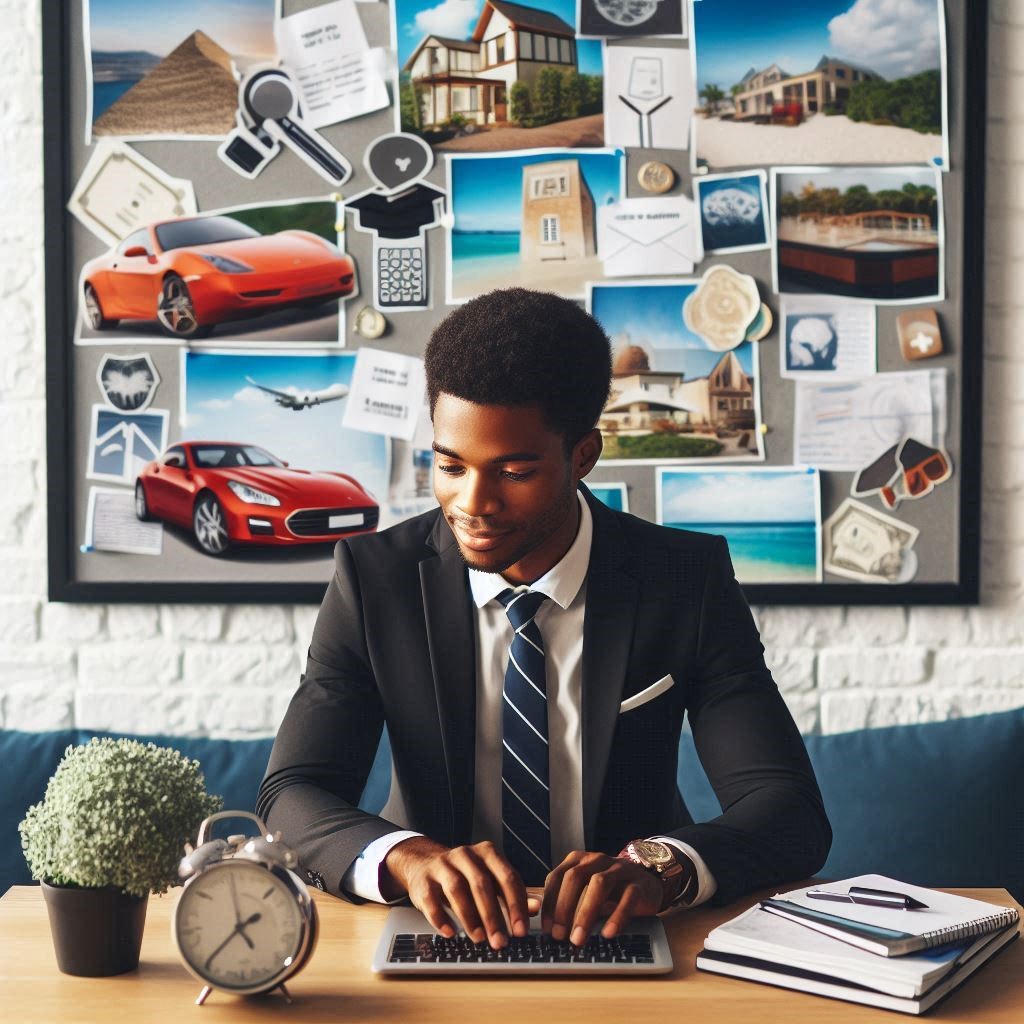 Let's Make A Financial Vision Board 1 man working in his office with his vision board posted behind him