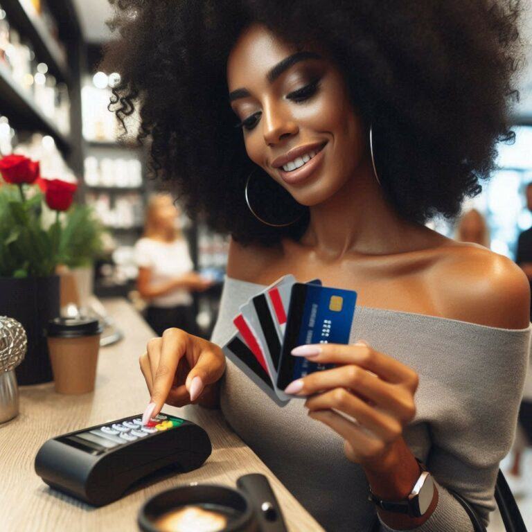 woman looking at credit cards