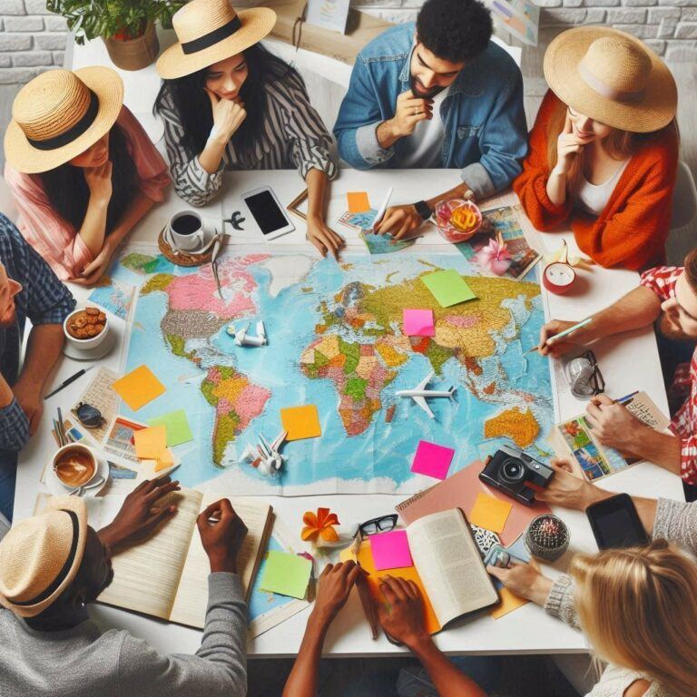 people at a table with a map budgeting for travel plans