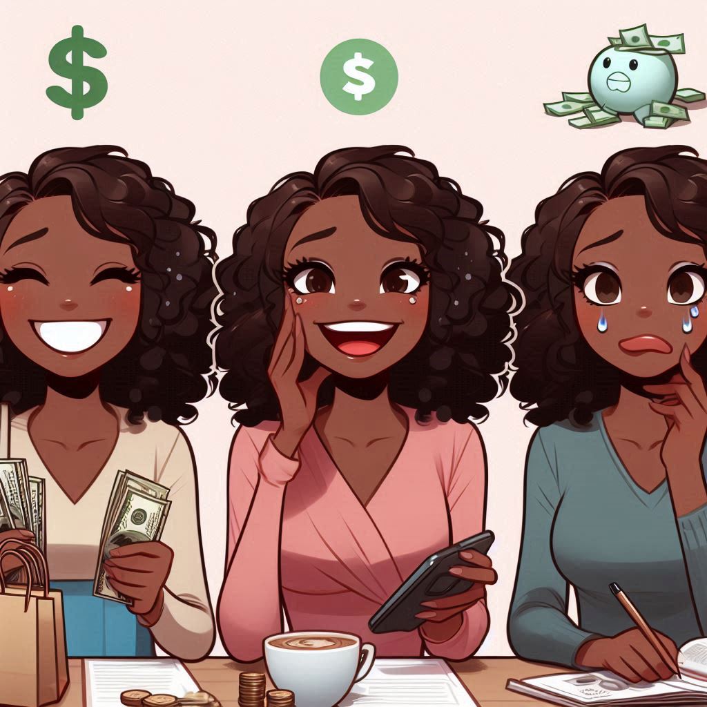 money personality split image of a woman shooping investing and worrying about money