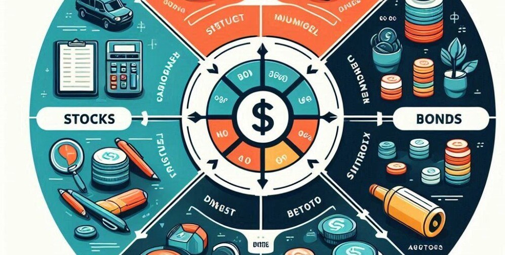 an investment wheel showing stocks and bonds as types of investments