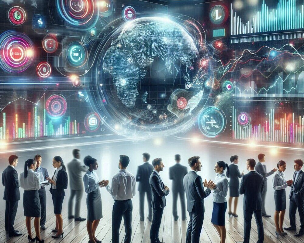 group of stock brokers standing in front of  world market boards