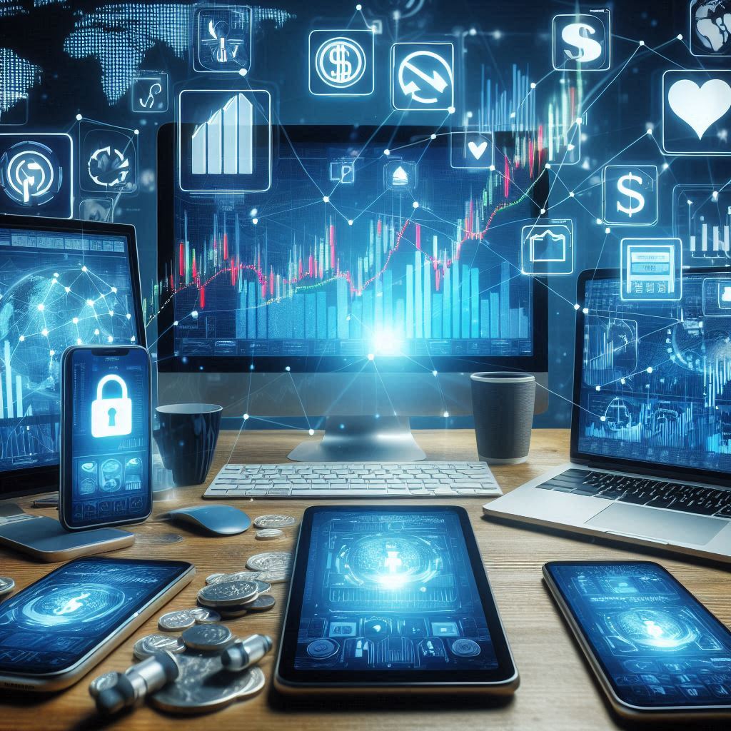 phones and computer with brokerage platforms and investment symbols