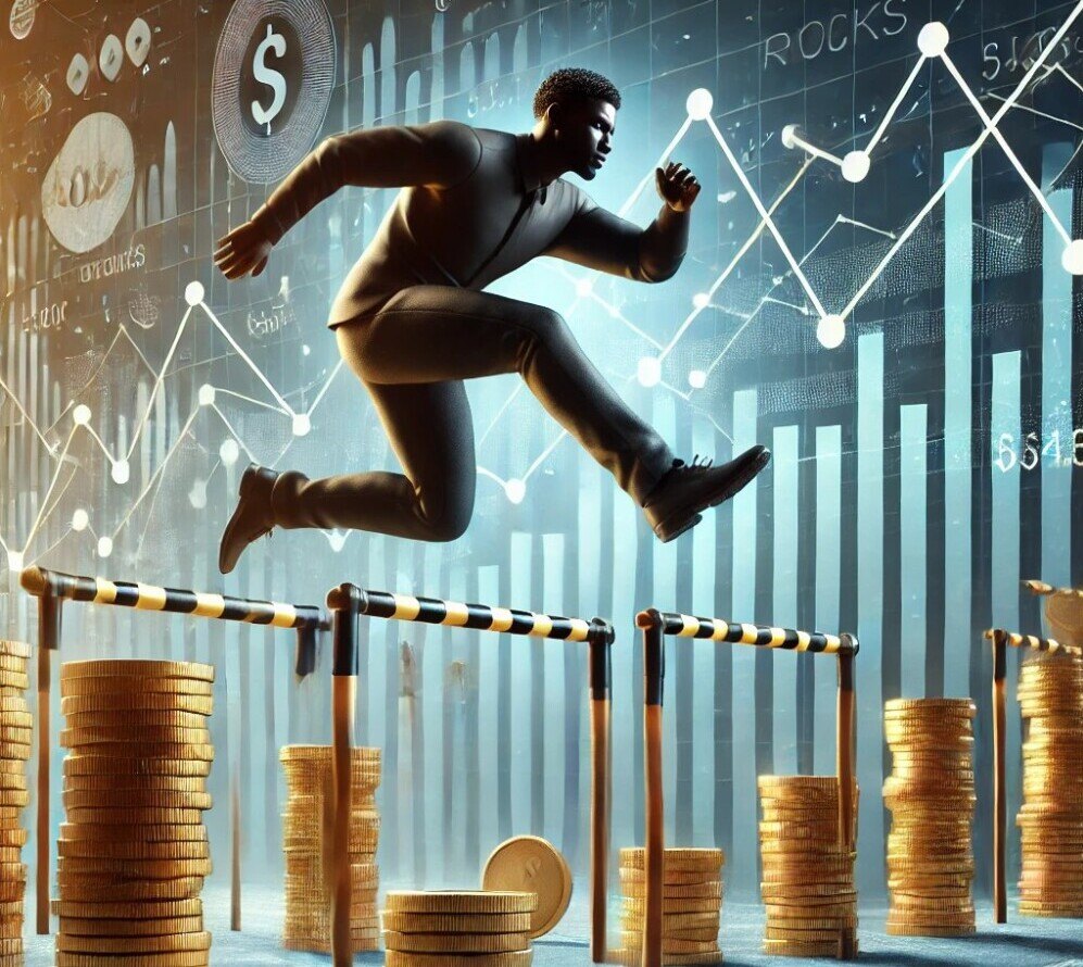 man jumping over hurdles like small amounts of money