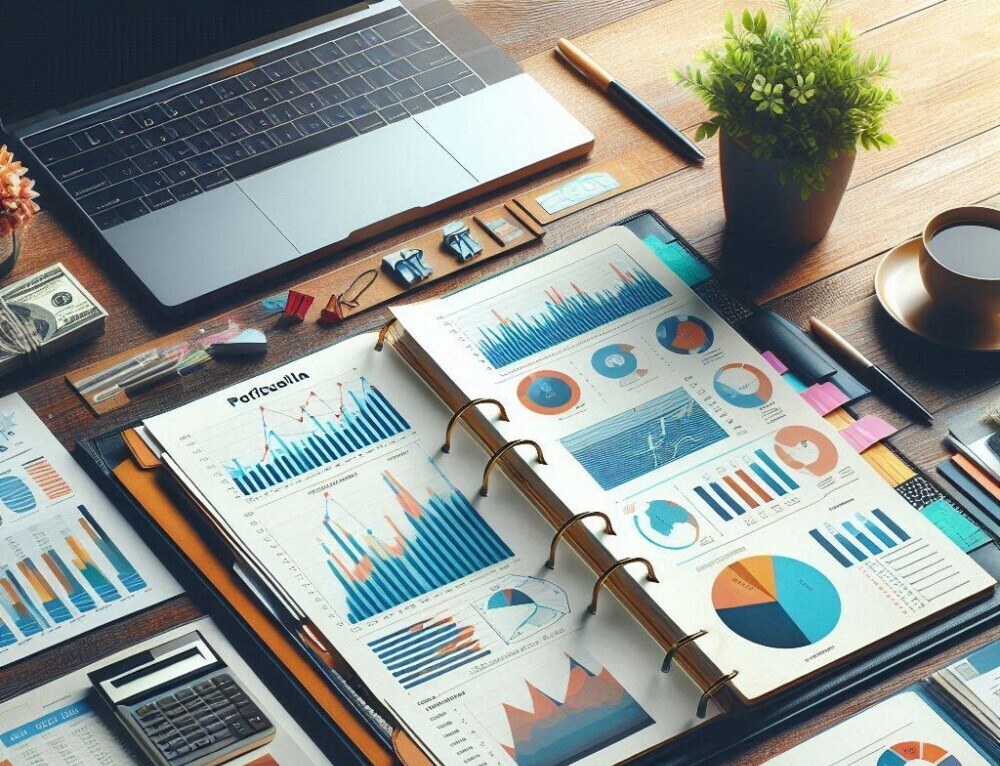open stock portfolio workbooks with a calculator and laptop