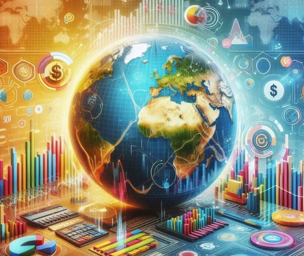 picture of a globe with investment charts and symbols surrounding it in bright colors