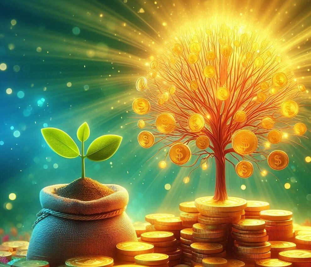 seedling of coins growing into a big tree of return