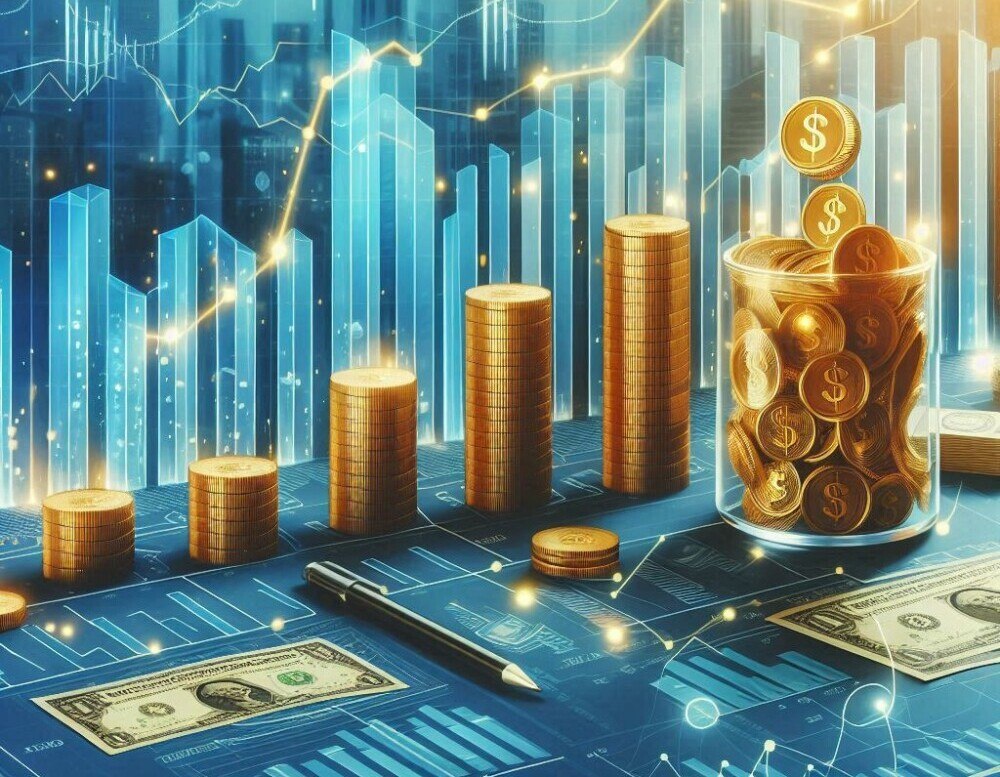 stacks of gold coins in front of a stock market chart and dollar bills