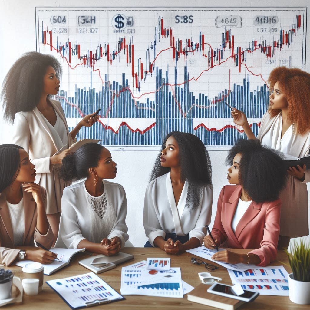 a group of woman part of a stock club looking at stock charts