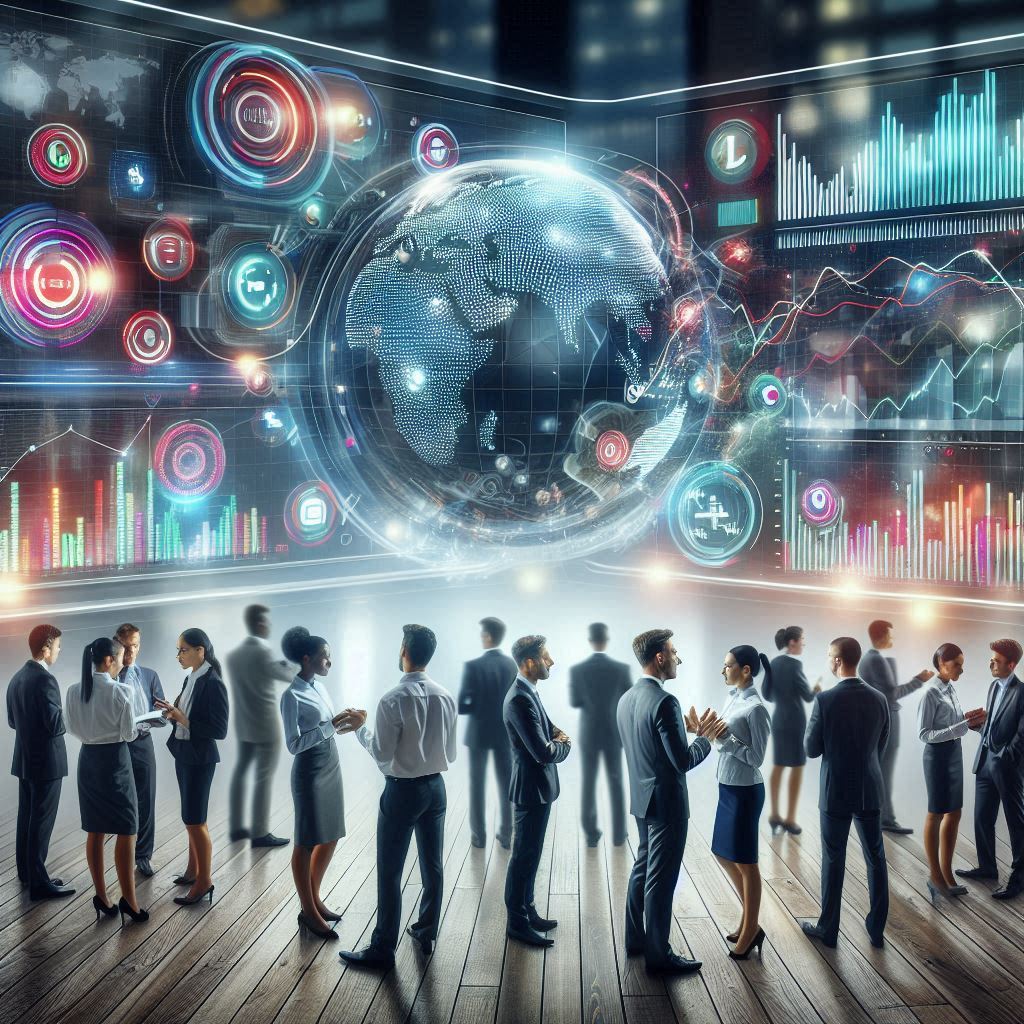 Stock market broker floor with a globe in front of it