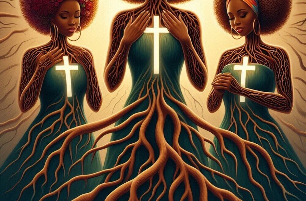 women with crosses and tree roots 