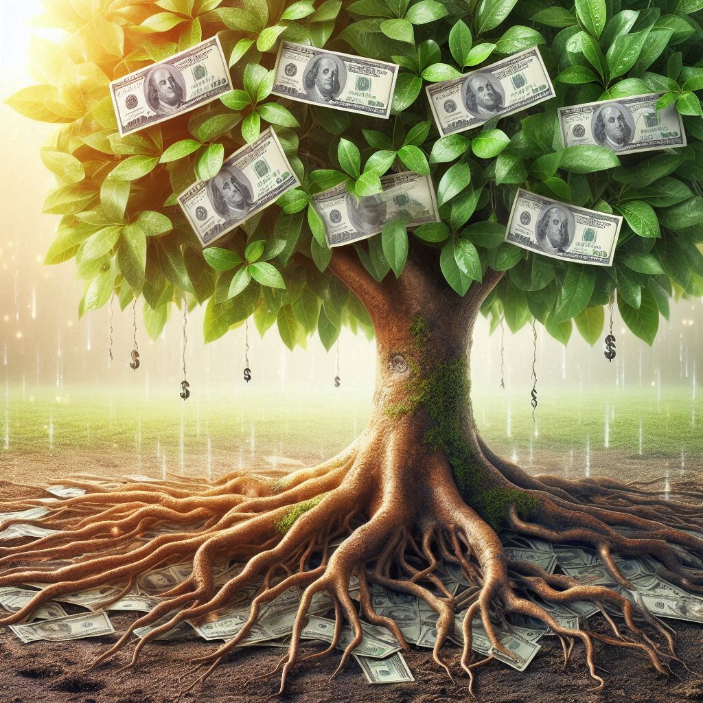 money growing and the root of a tree