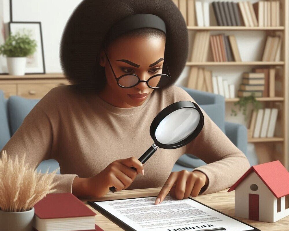 Woman examining loan document closely with a magnifying glass.
