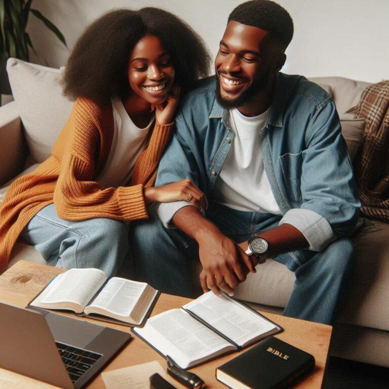 couple having an open financial conversation at home with Bible nearby