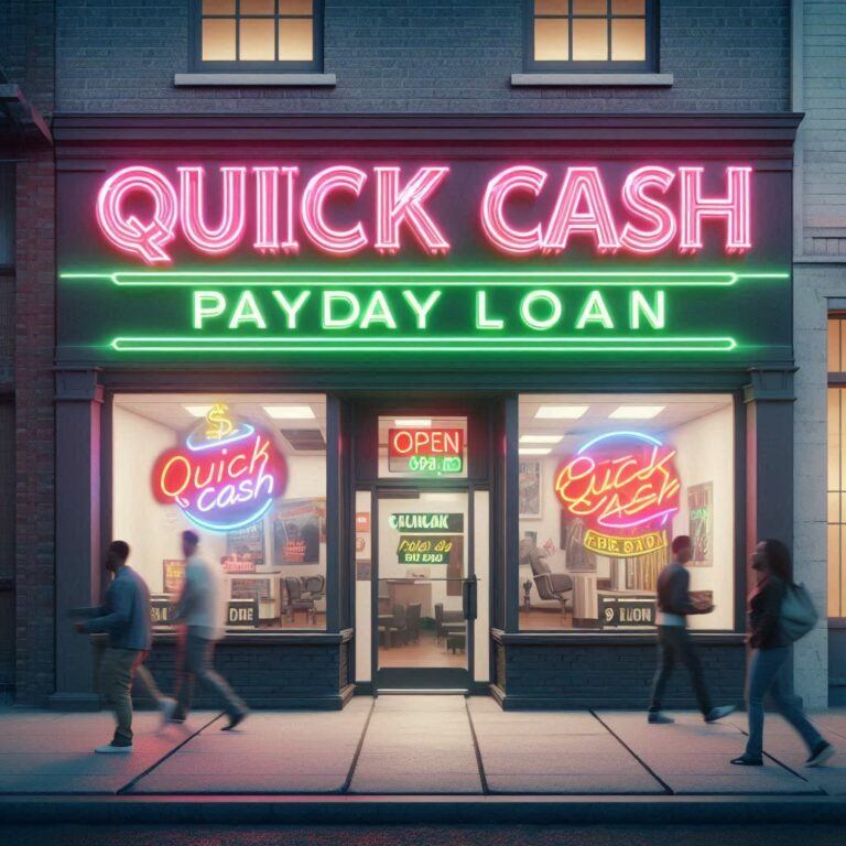 Payday loan storefront with flashing neon "Quick Cash" sign.