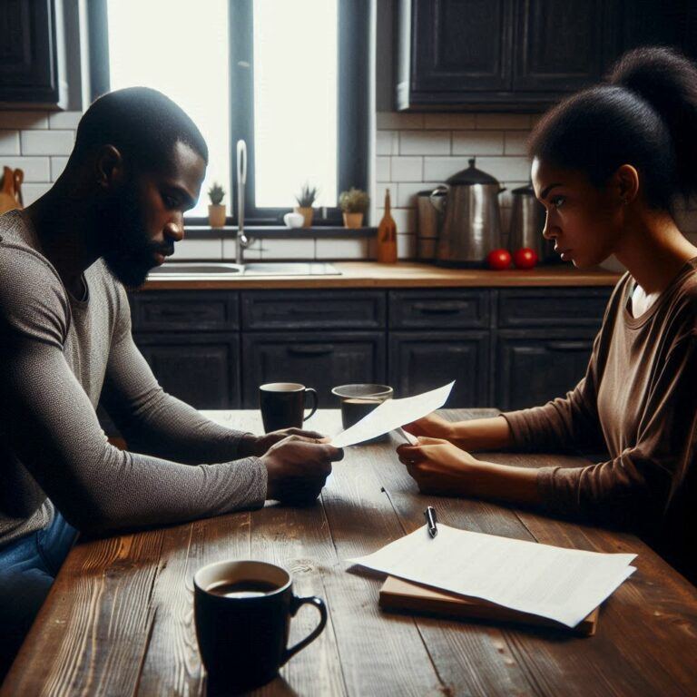 couple at the kitchen table going over divorce papers credit rebuild the conversation