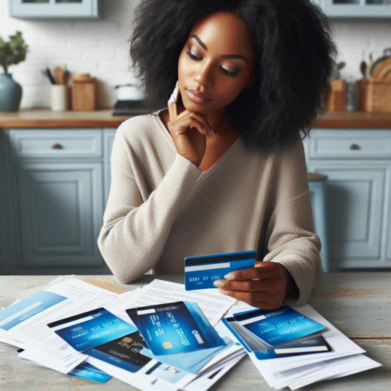 Woman reviewing credit card offers at her kitchen table