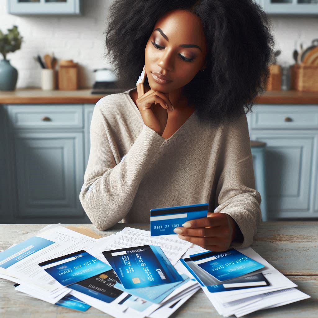 Woman reviewing credit card offers at her kitchen table