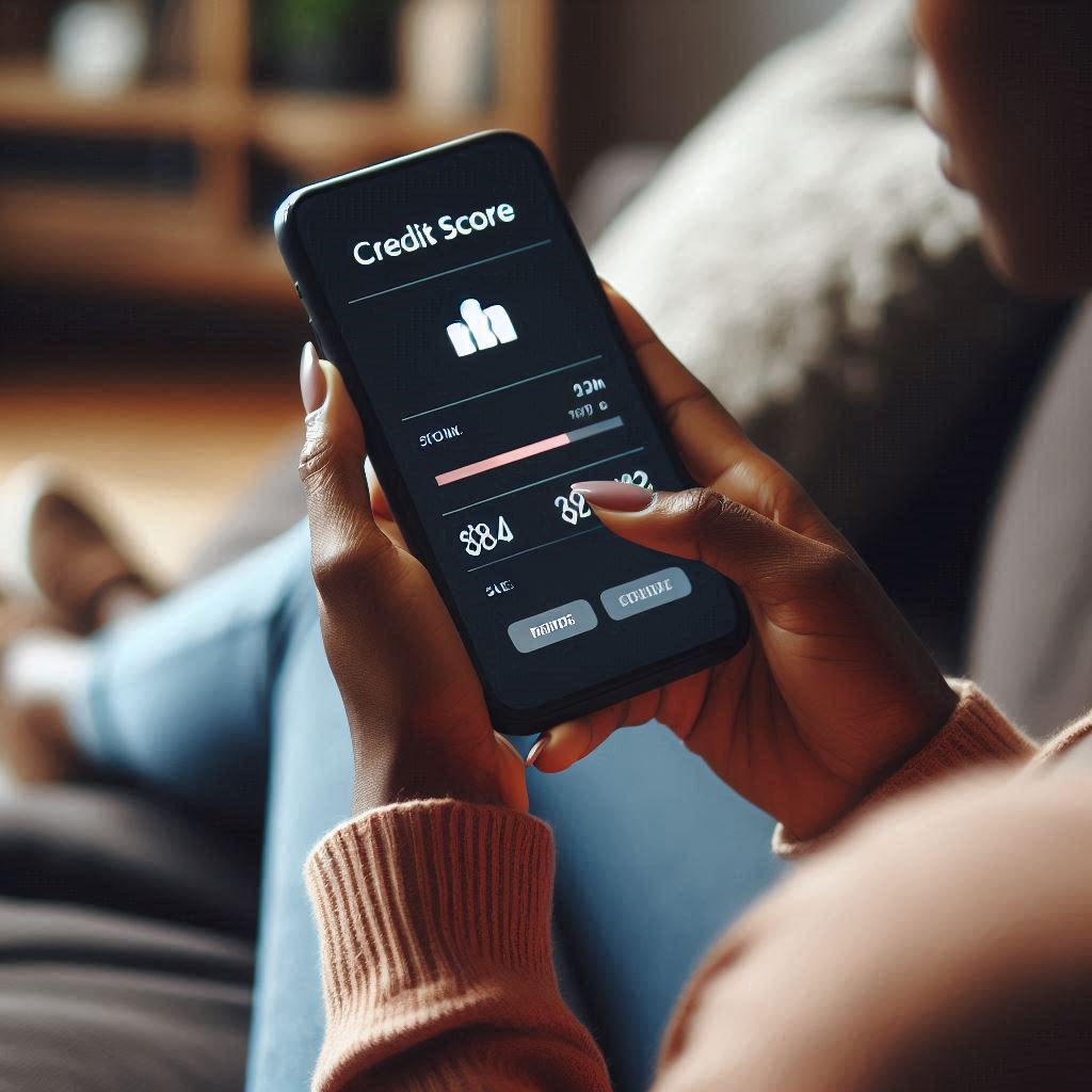 Woman checking her credit score on a smartphone at home, symbolizing convenience and taking ownership of finances.
