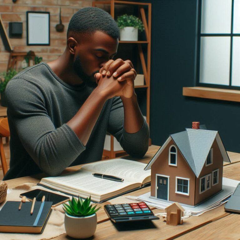 man praying and reviewing credit and loan documents at home, planning their path toward homeownership with confidence.