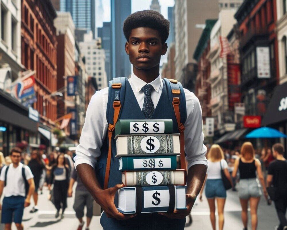black student carrying books representing student loan debt