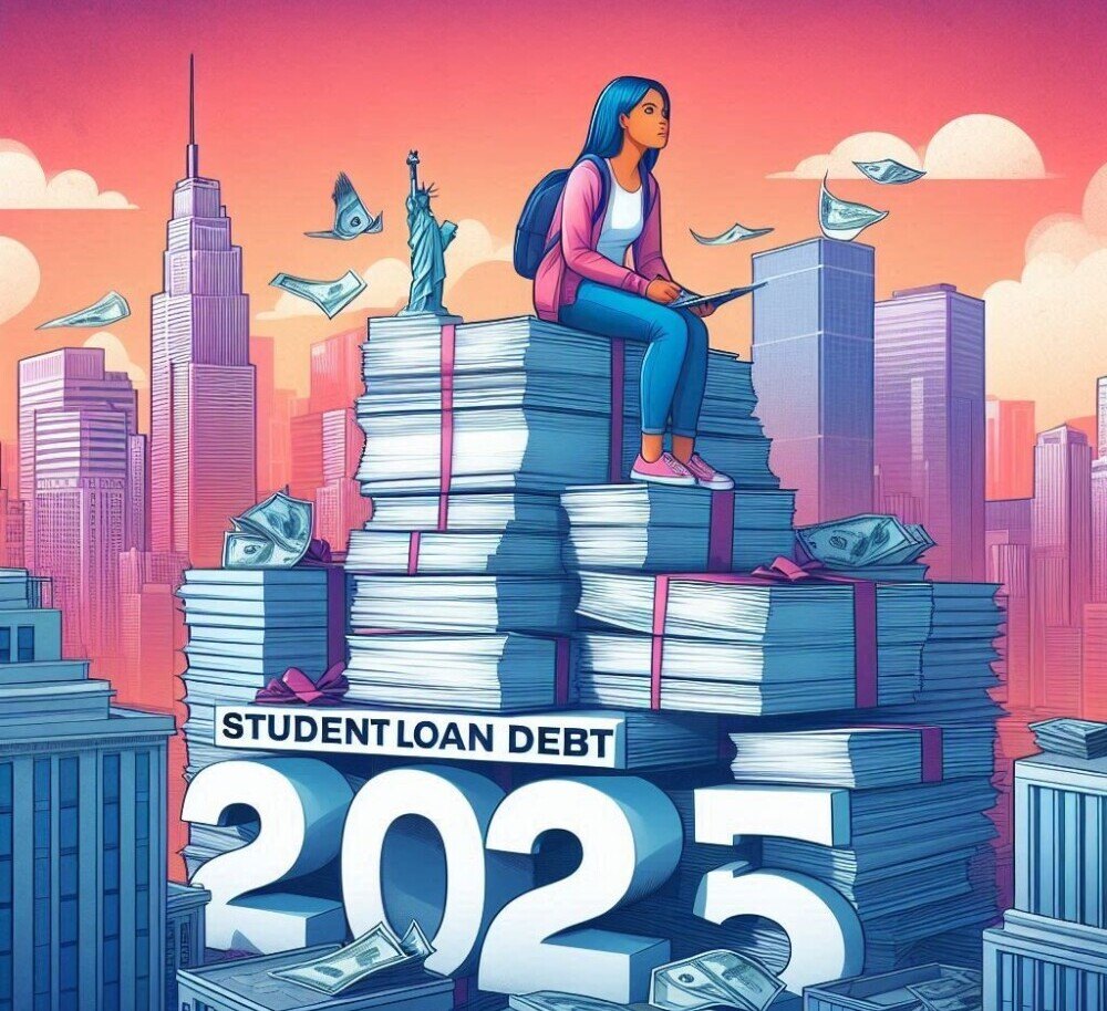 woman sitting on a stack of books with a back pack and student loan debt in 2025